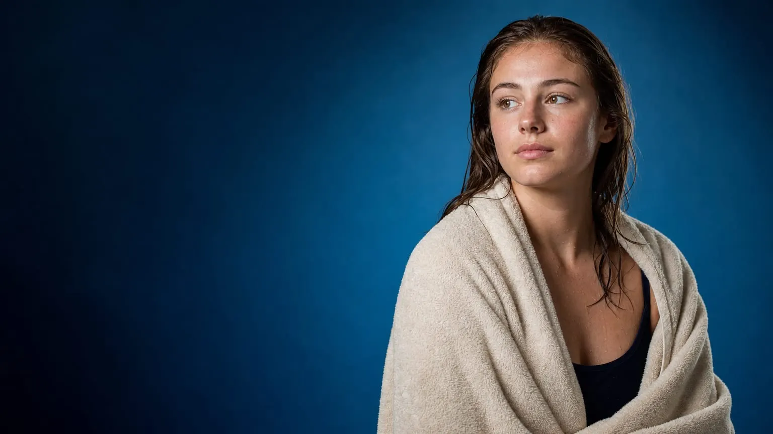 A teenage swimmer wrapped in a damp towel, wet hair, looking quietly to one side