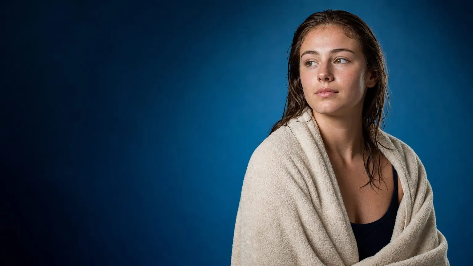 A teenage swimmer wrapped in a damp towel, wet hair, looking quietly to one side