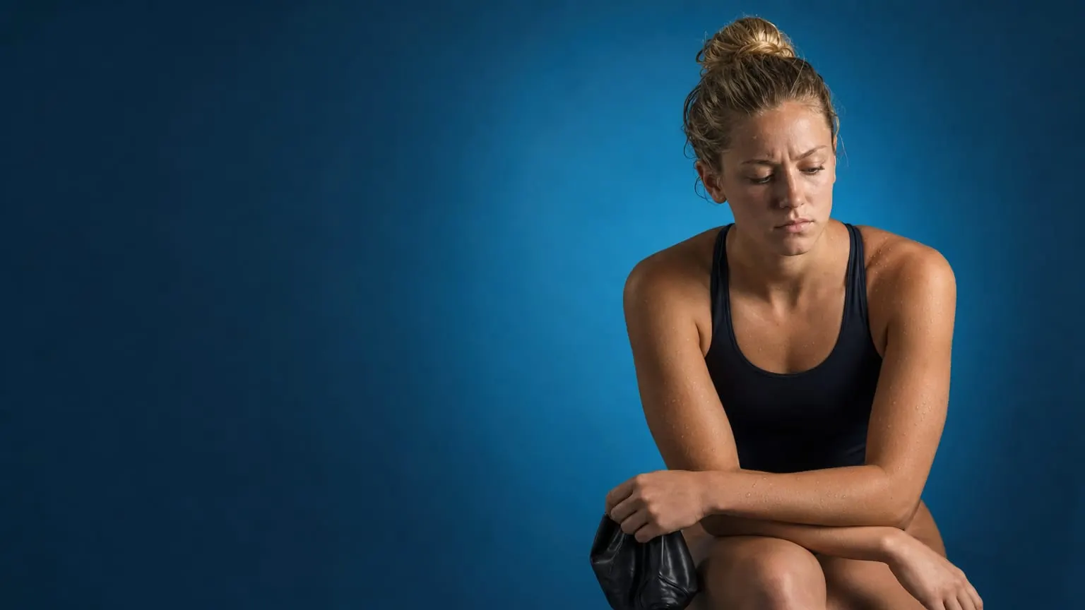 A young swimmer resting with folded arms, brow furrowed in self-critical concentration
